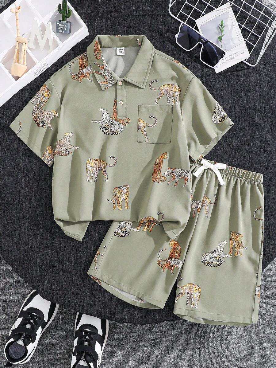 SHEIN 2pcs Kids/Tween Boys' Casual Versatile Tiger Print Polo Collar Half-Zip Short Sleeve Top And Shorts Set, Suitable For School, Garden, Beach, Birthday, Spring, Summer, Autumn, Winter Seasons