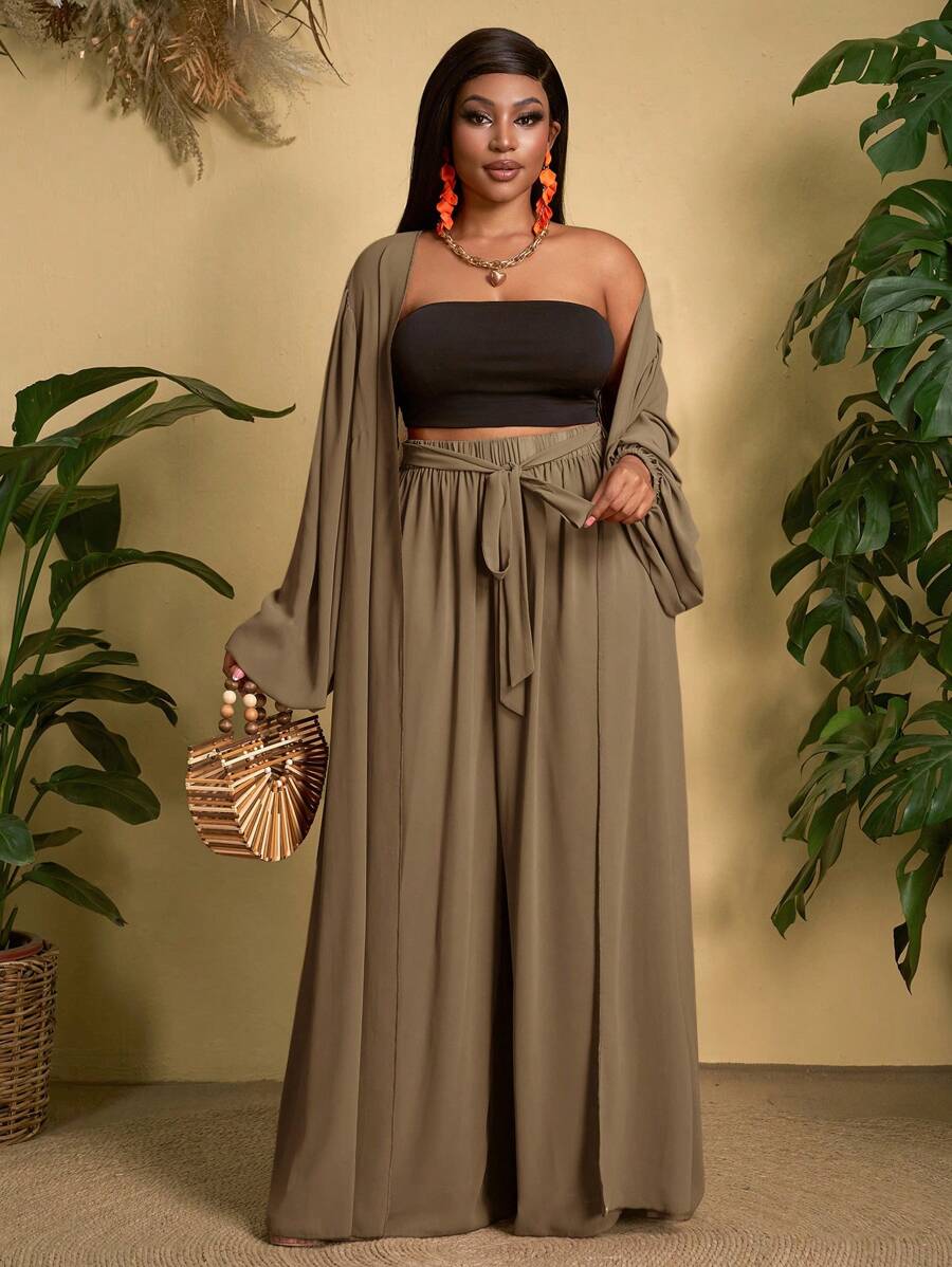Slaydiva Conjunto informal versátil y sencillo de 2 piezas en blanco, talla grande, para 2025 - Blusa con manga farol + Pantalón ancho/holgado/fluido para primavera