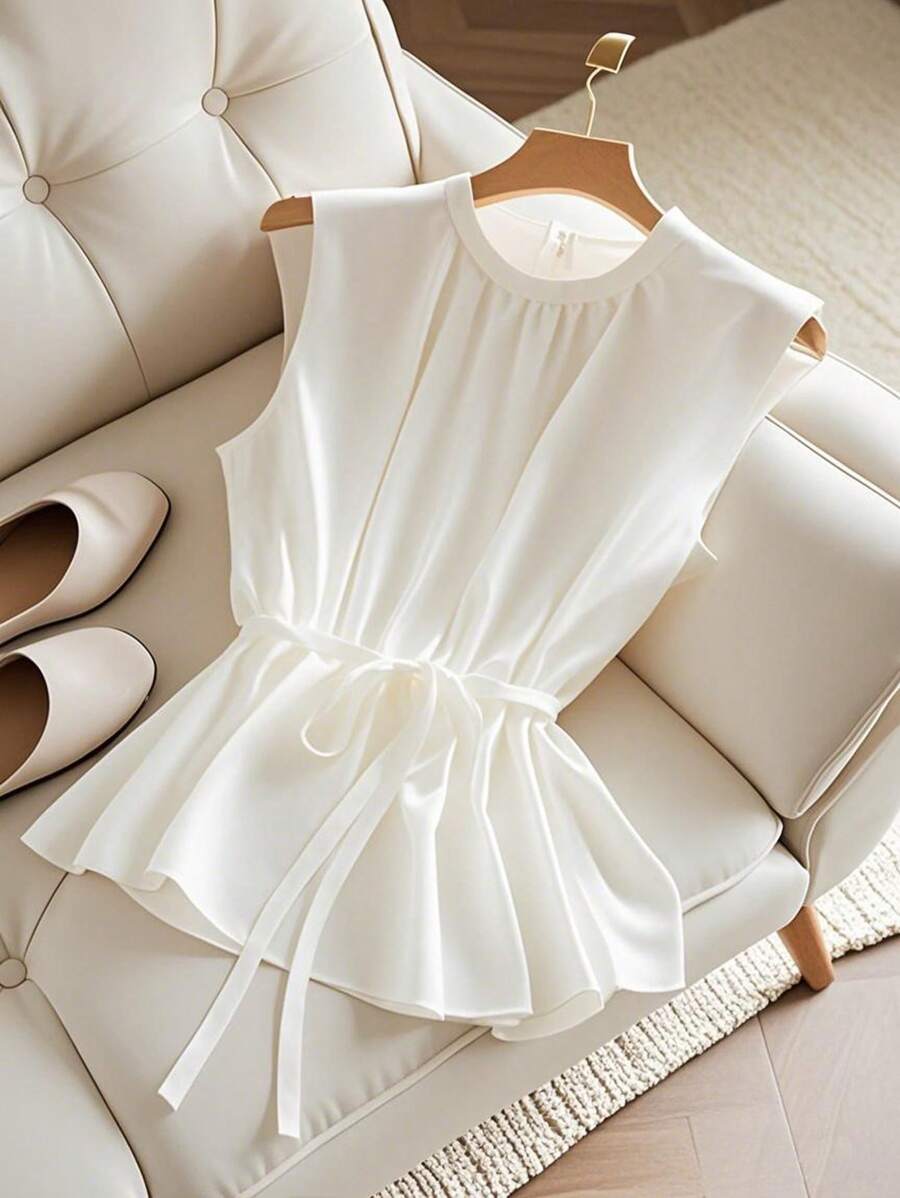 Franclia Women's Round Neck Sleeveless Waist Strap Commuting Spring And Summer Women's Shirt Women's Summer Clothing