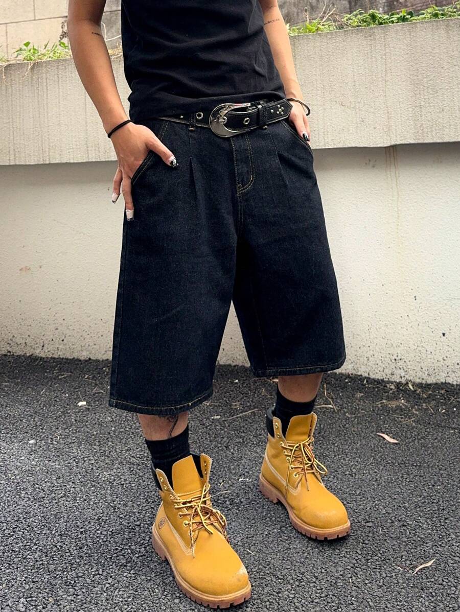 Manfinity Hypemode Men's Casual Denim Wide Leg Bermuda Shorts, Fashionable For Summer