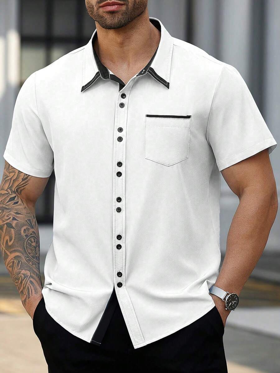 Manfinity CasualMax Plus Size Men's Casual Contrast Trim Short Sleeve Shirt, Summer