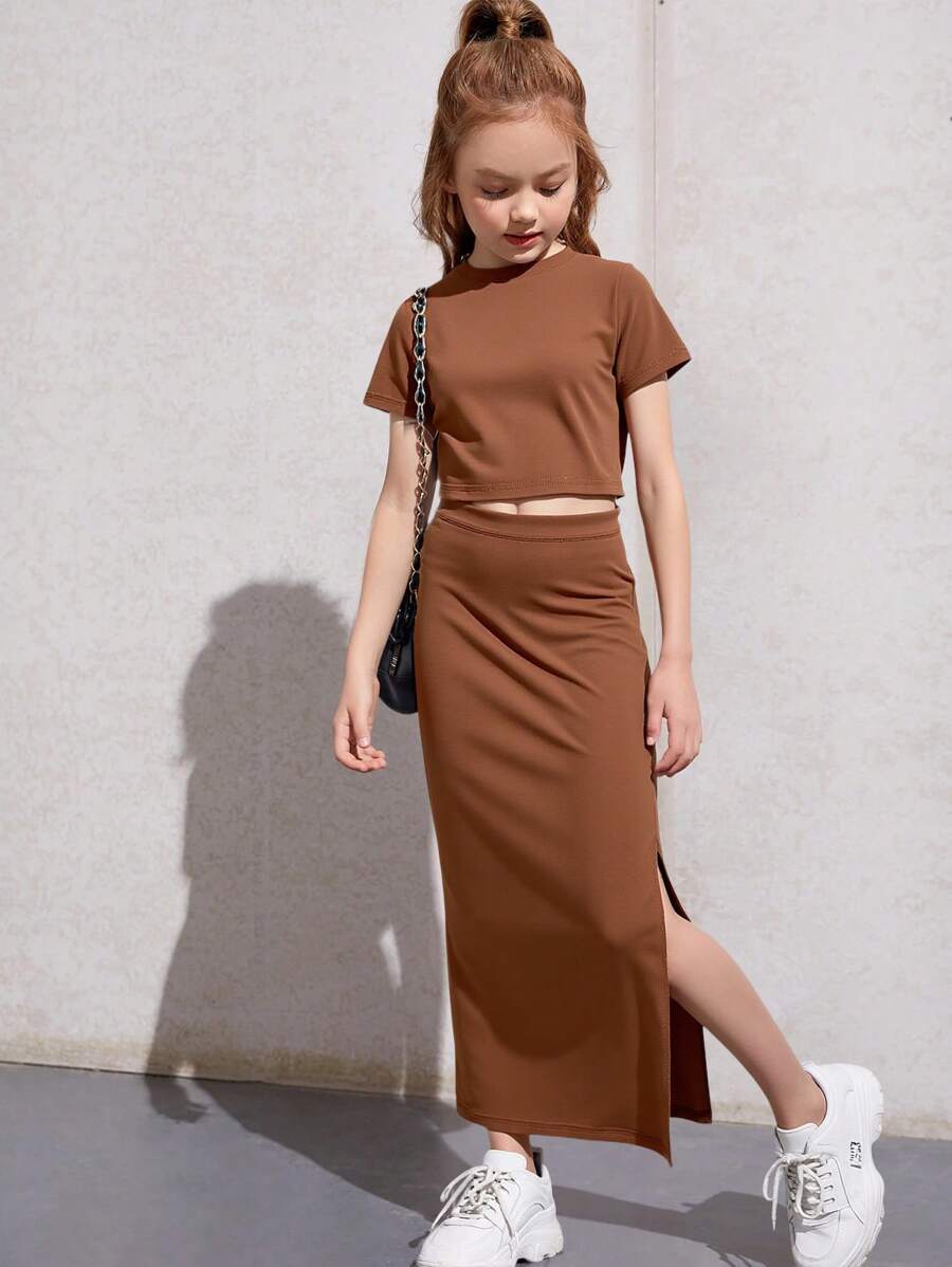 Tween GirlsStriped Knit Ribbed Crop Top And A-Line Long Skirt 2 Pieces Set, Casual Daily Outfit