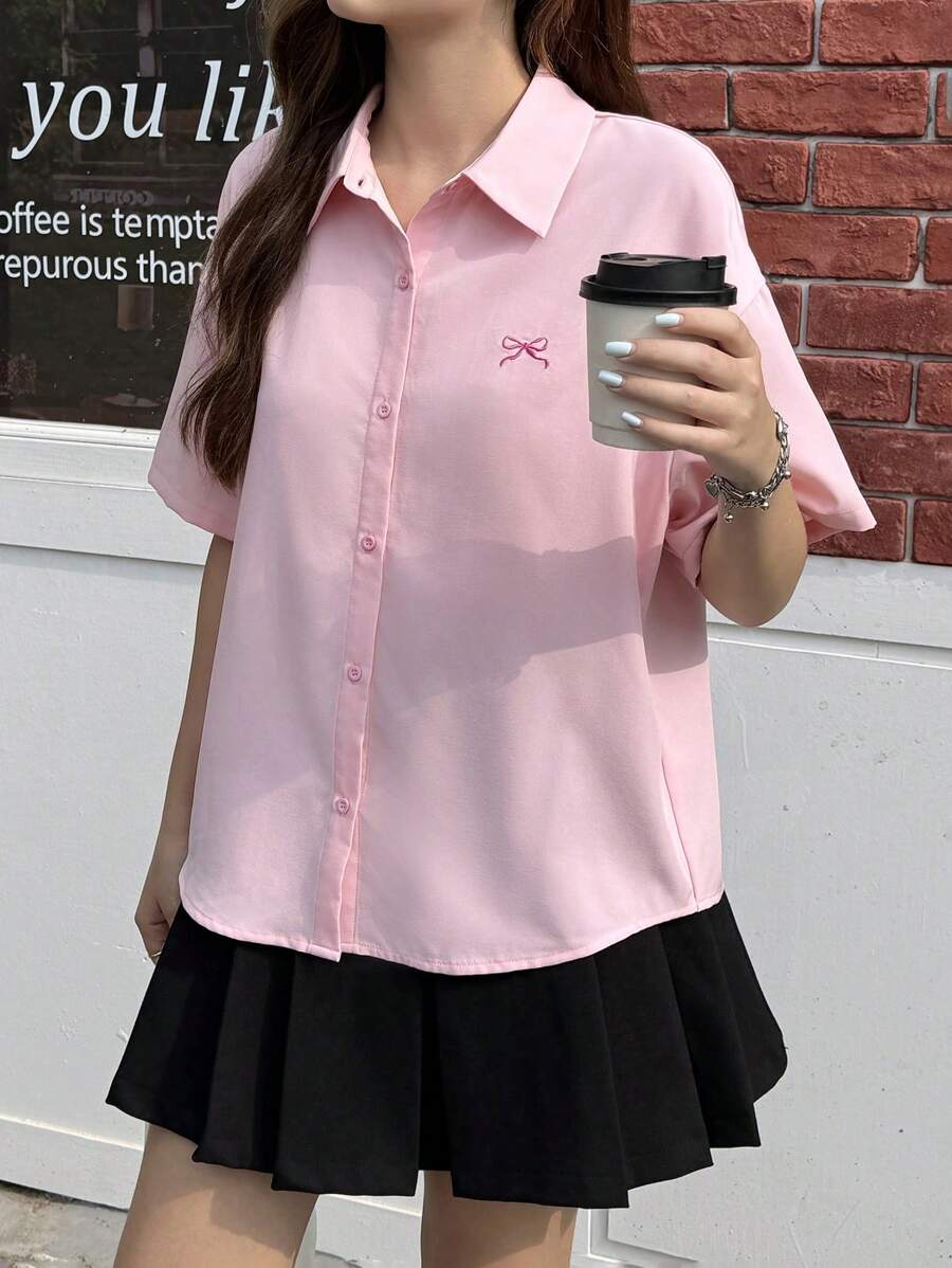 SHEIN قميص مريح بتصميم ياقة مطرزة وعقدة مناسب للمراهقات بقصة واسعة وكاجوال