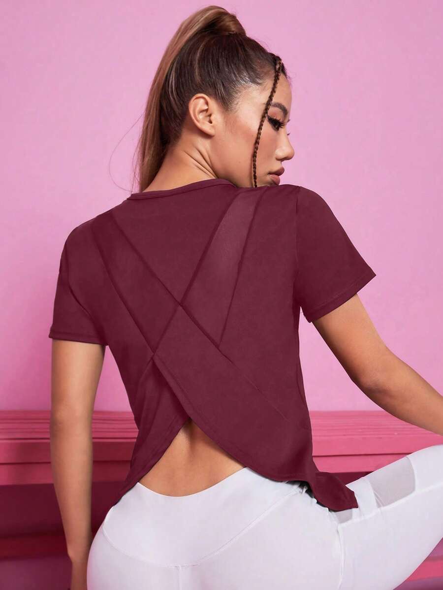 SHEIN Sports Solid Color Crossover Wrapped Design Short Sleeve Activewear T-Shirt, Summer