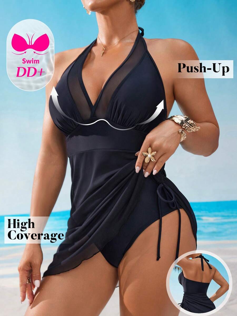 Swim DD+ Robe d'été pour femme à encolure ras-du-cou avec liens et panneau en maille, avec superposition en filet à décolleté en V profond. Combinaison de plage une pièce mode affinante le corps pour les stations balnéaires
