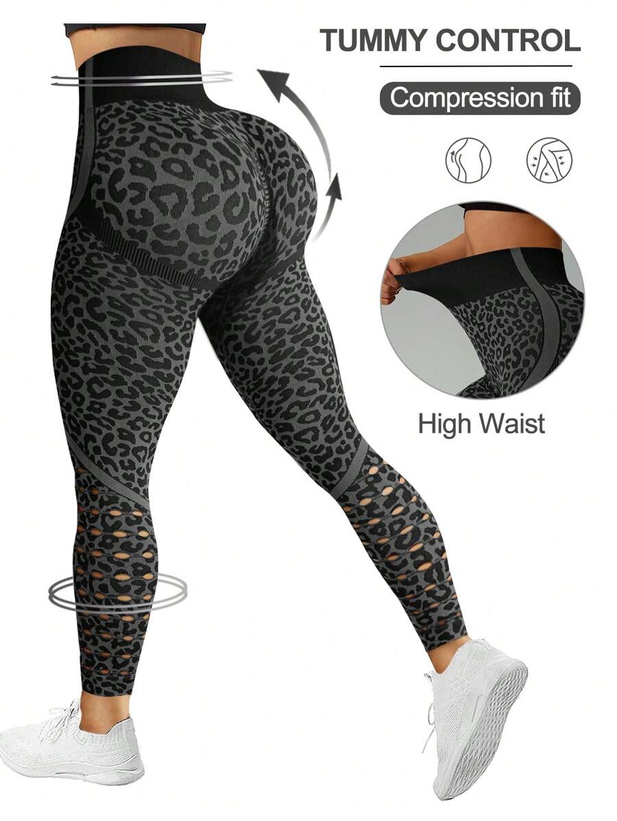 SHEIN Sport Studio 1pc Women Leopard Print Mesh Workout Ankle Leggings