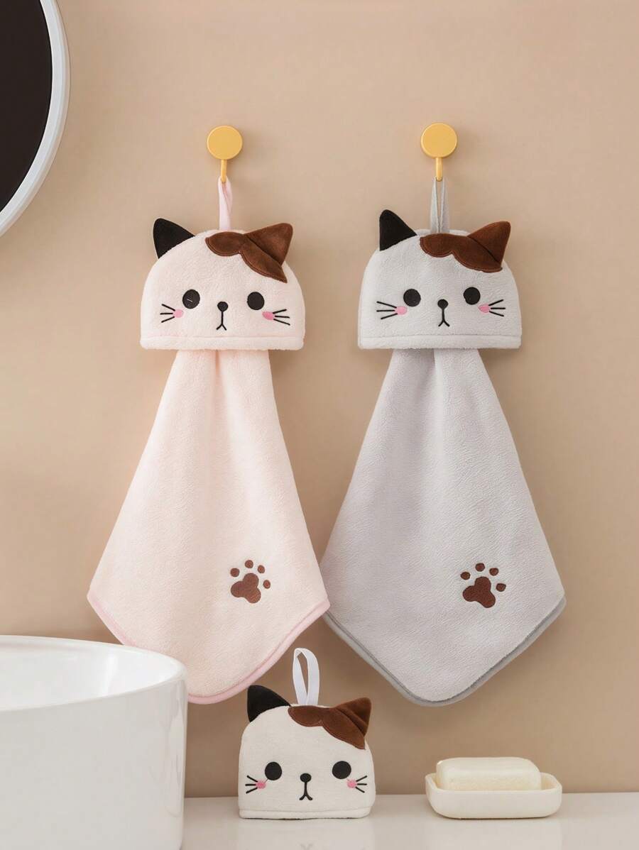 SHEIN 1pc Cute Cartoon Cat Hand Towel - Soft Coral Fleece Pocket Towel For Bathroom And Kitchen - Absorbent And Dual-Use Wipe Towel Home Bathroom Decor Summer