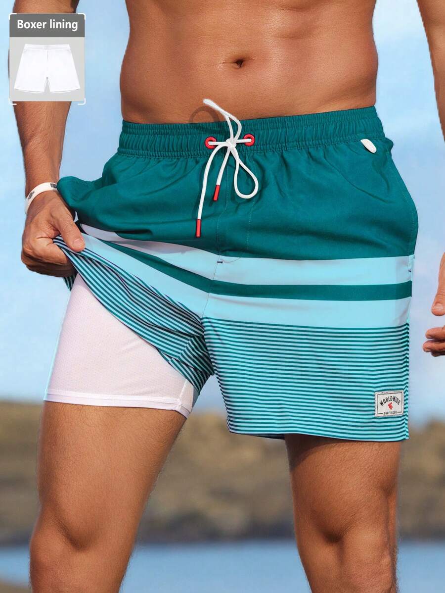 Manfinity Men Loose Striped Beach Shorts In Vacation Style Milk Silk Lining, Hawaiian