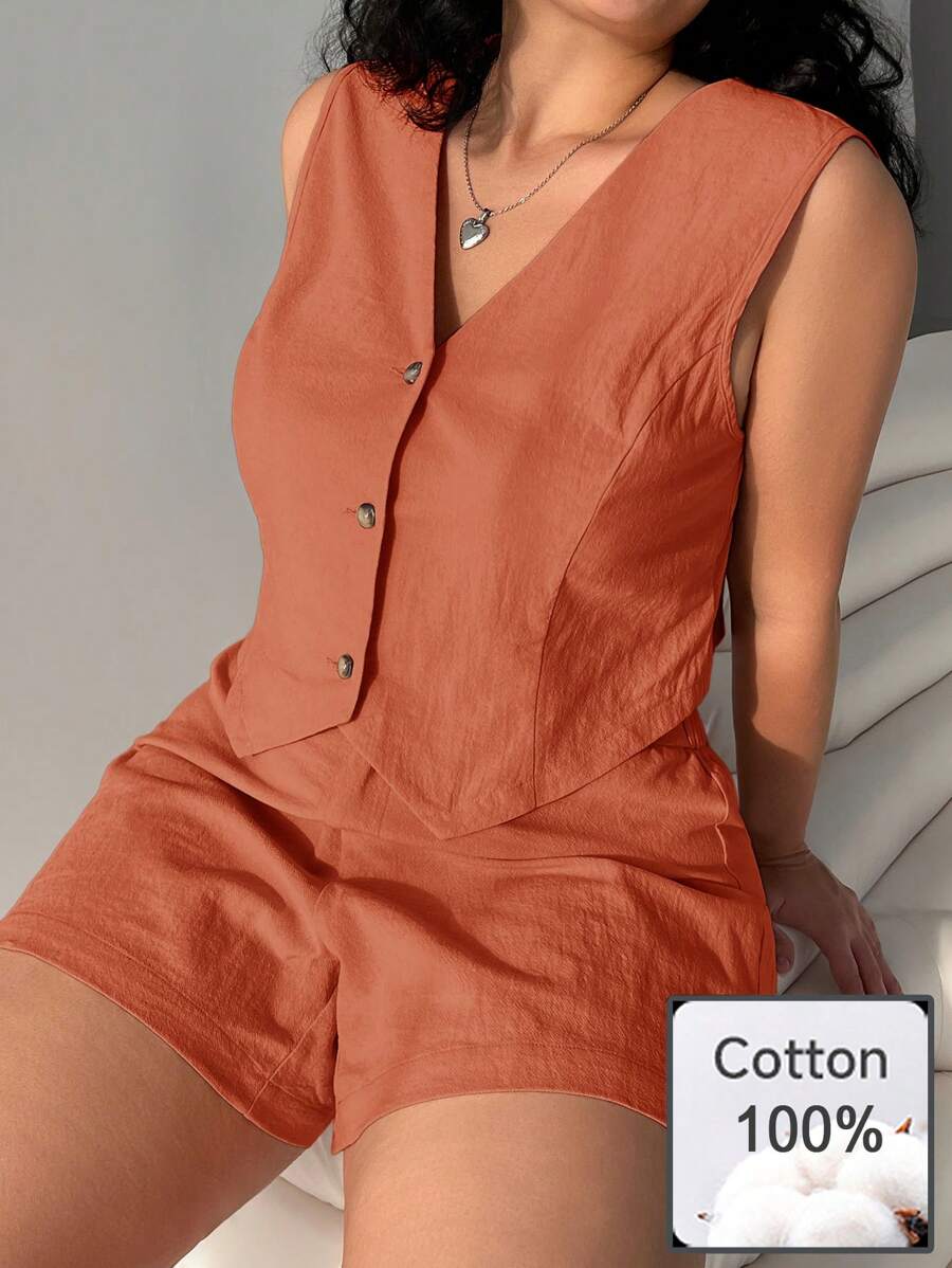 Solflare Conjunto de 2 piezas talla grande, chaleco naranja y pantalones cortos, estilo de resort, primavera/verano