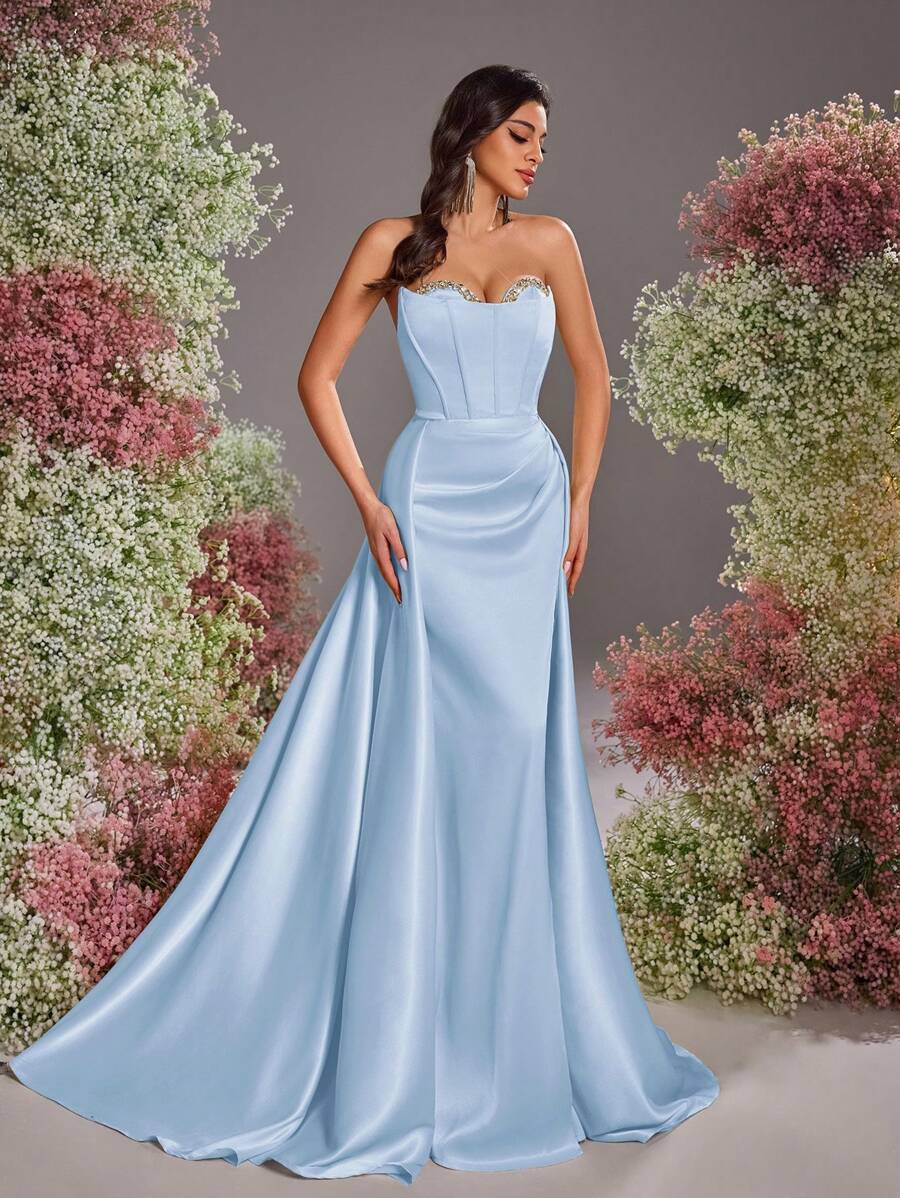 Glamrae Elegant Romantic Sexy Satin Strapless Backless High Slit Fishtail Formal Evening Gown, Party Dress, For Wedding Guest