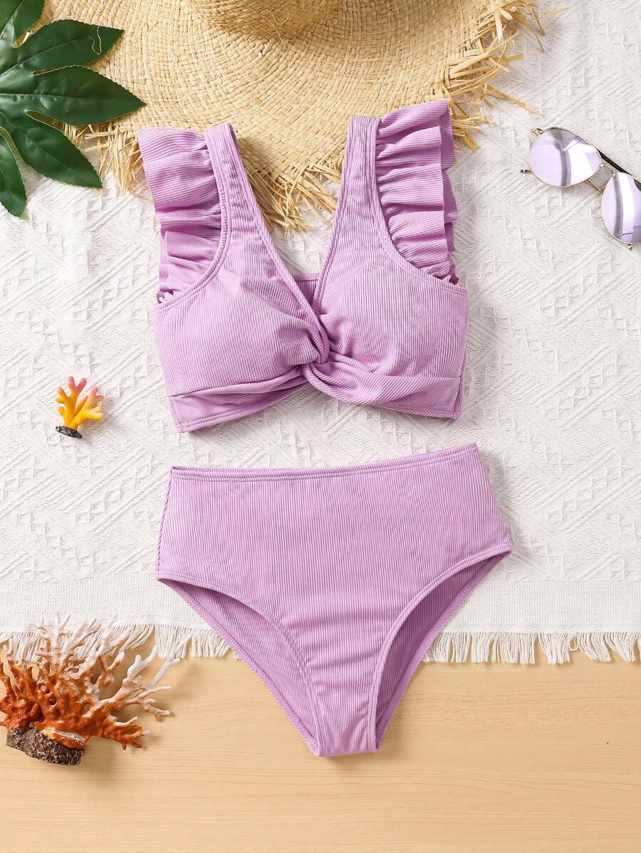 SHEIN Conjunto de bikini con cuello en V y volantes de color liso para niñas preadolescentes