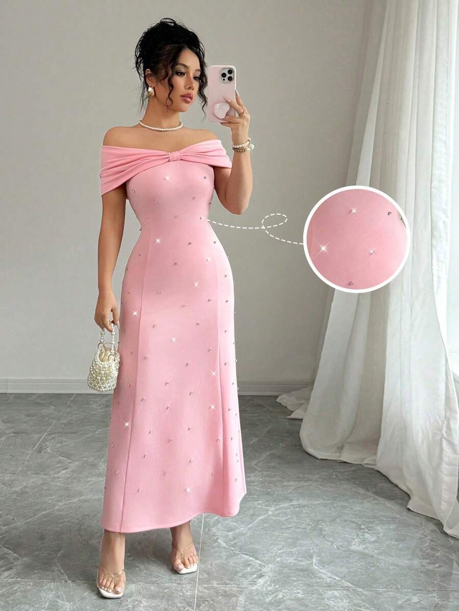 Elenzga Abito elegante da donna con spalle scoperte, fiocco e decorazione in perle sintetiche