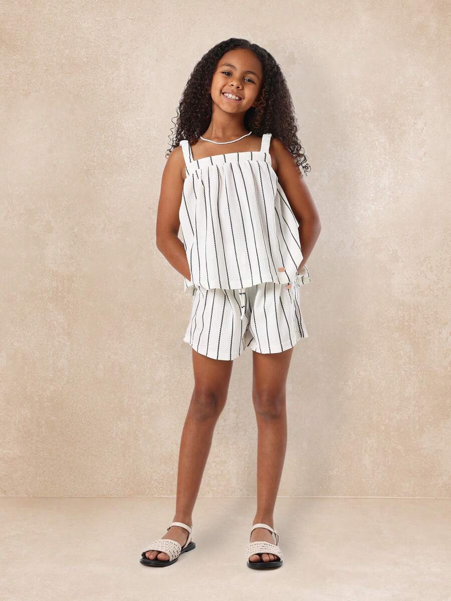 SUMWON Conjunto de top de tirantes y shorts a rayas de verano, conjunto de ropa informal de dos piezas para vacaciones, playa, resort, con ajuste relajado y sin mangas, ideal para festivales y días de descanso