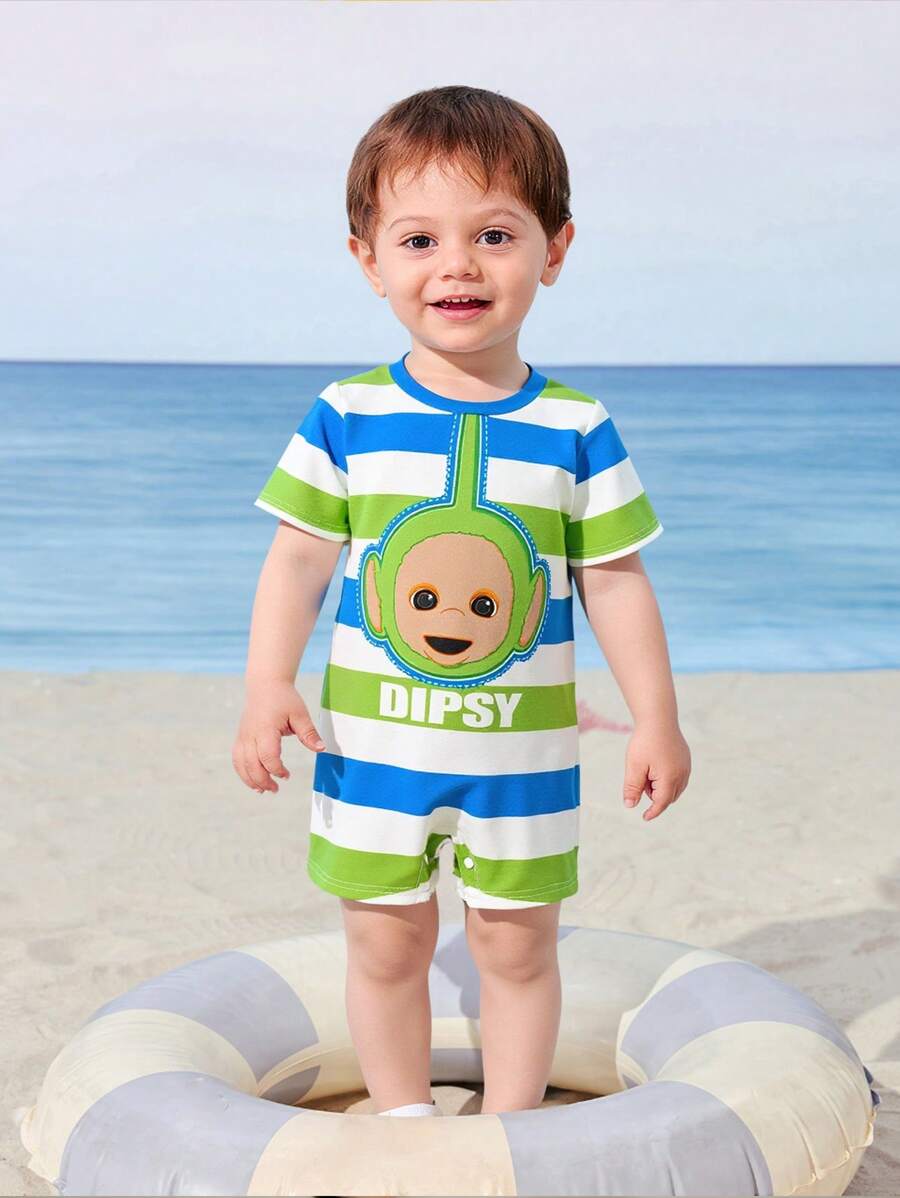Teletubbies X SHEIN Tuta neonato maschio carina a righe verdi e blu con stampa cartoni animati