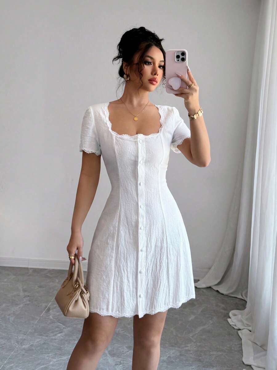 Airlisse Vestido francés elegante de manga corta con parche de encaje de unicolor para mujer