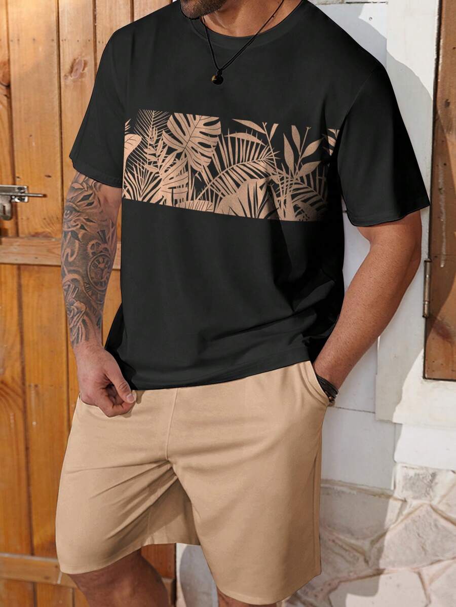 Manfinity RSRT Completo da uomo taglia comoda, composto da Maglietta a maniche corte con stampa floreale e pantaloncini con tasche