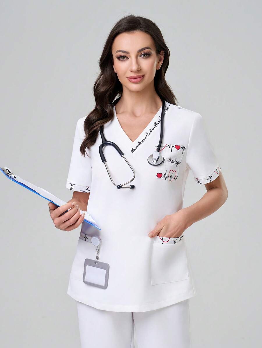 TaskEZ Kolorowy wiosenny i letni modny swobodny wielofunkcyjny wielokieszeniowy wygodny damski mundurek chirurgiczny, odpowiedni do szpitali, klinik i lecznic dla zwierząt, damski top z nadrukiem litery i serca, dekolt w serek, krótki rękaw, kieszeń, wielkanocny damski mundurek chirurgiczny