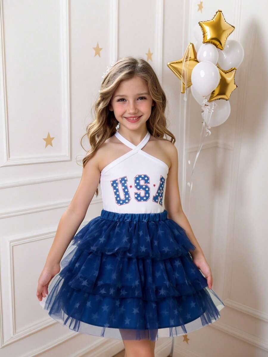 SHEIN Glamorique Kids Girls Big Size Summer Star Print Camisole Top And Mini Skirt Outfit, Minimalist, Cute, Suitable For Commute, Casual, Versatile Girls American Dress Girls Usa Outfit Usa Dress Girls