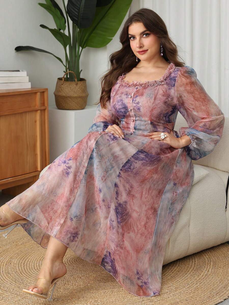 Modelyn Abito maxi elegante e romantico, con stampa tie-dye, maniche a palloncino in chiffon, con volant sul fondo, per taglie comode, per primavera/estate