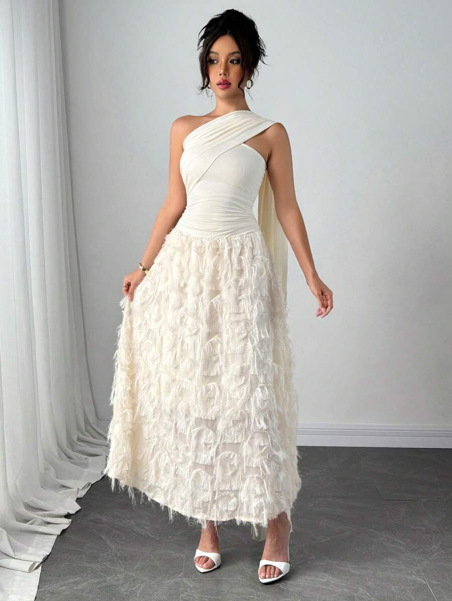 Airlisse Abito da donna elegante e fluido, con toppework arricciato, motivo floreale a strati, adatto per vacanze