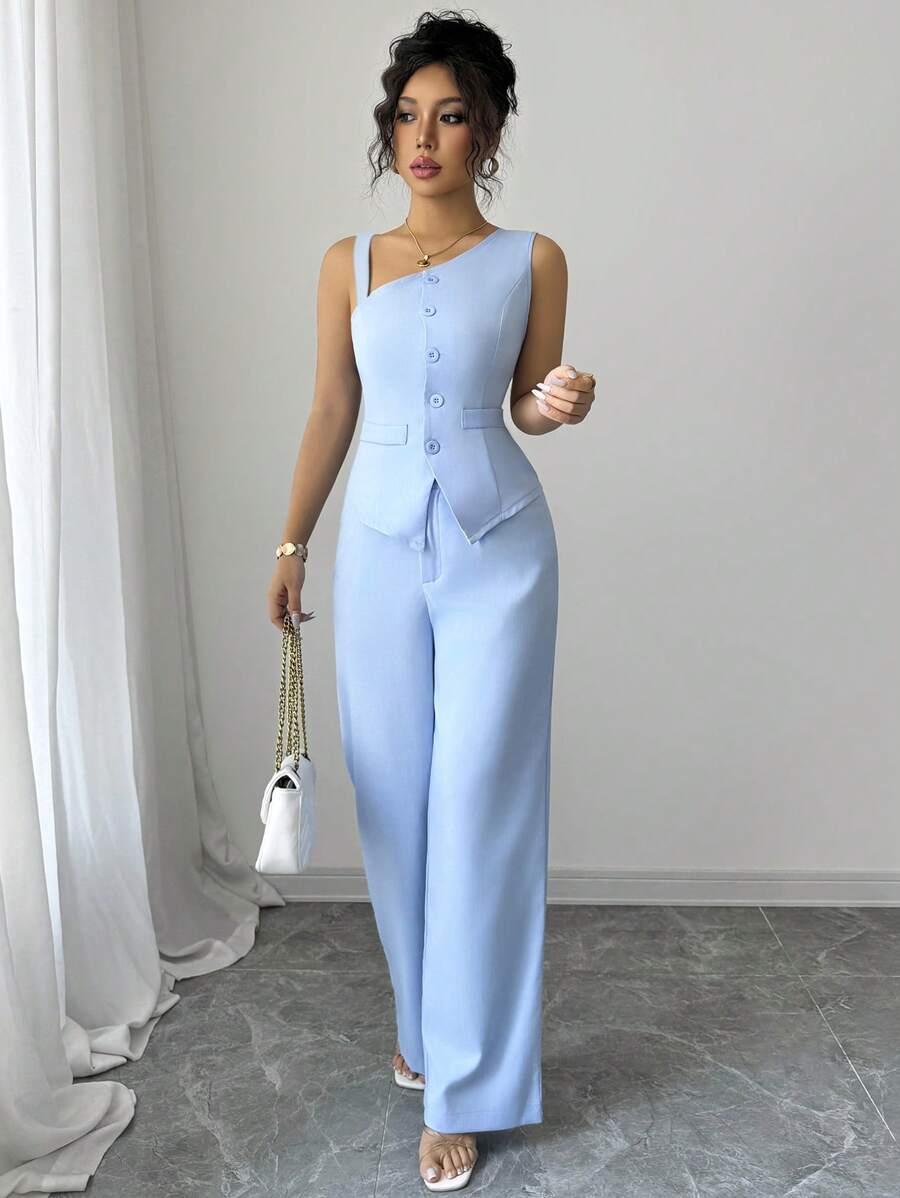 Elenzga 2pcs Spring/Summer Spaghetti Strap Button Sleeveless Vest And Straight Leg Button Pants Women Suit Set