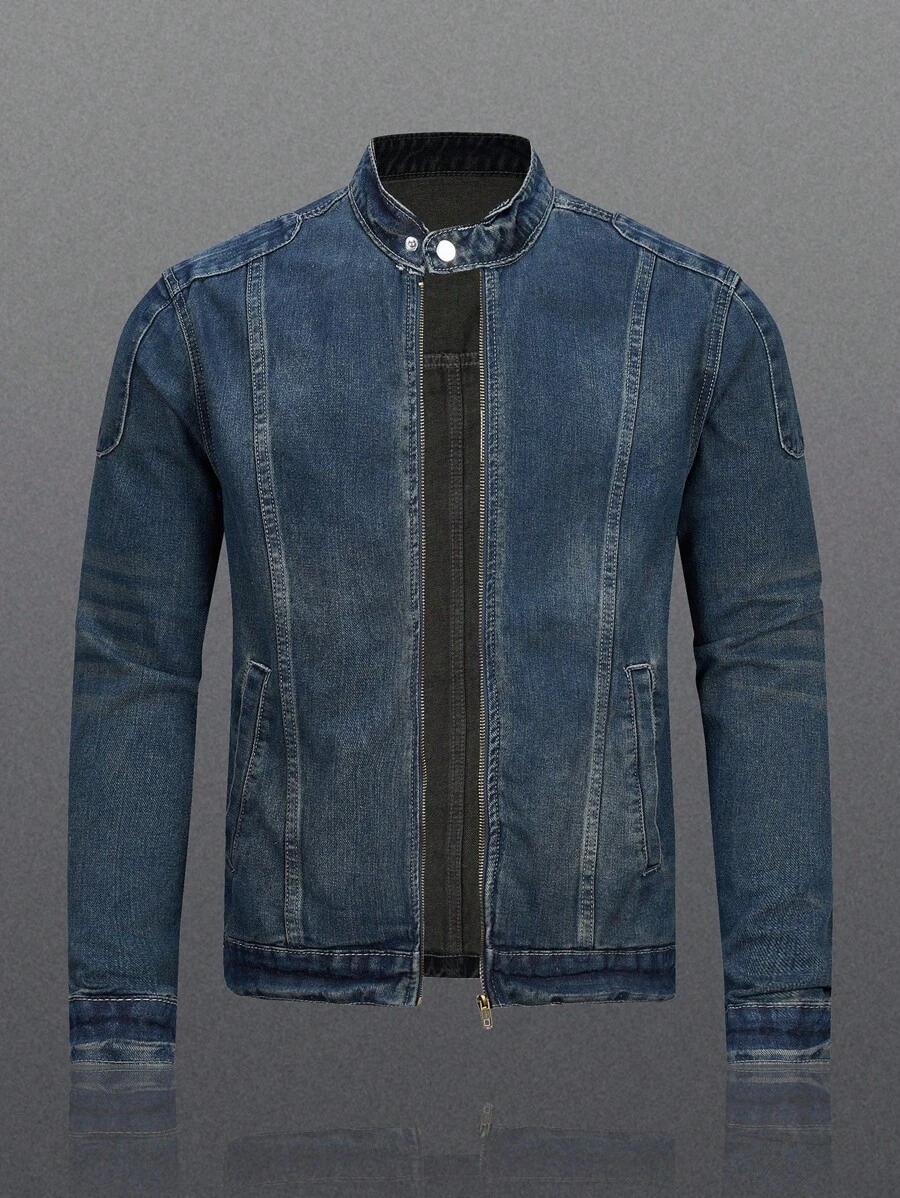 Manfinity Homme Men's Biker-Style Zip-Up Denim Jacket With Collar Jeans Jacket For Men