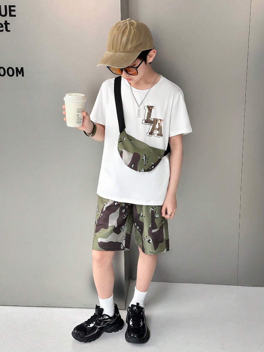 SHEIN 2pcs/Set Tween Boys Loose White Short Sleeve T-Shirt With Letter Print And Relaxed Camouflage Print Cargo Pants With Pouch Bag