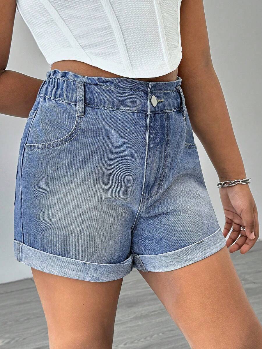 Short vaquero elástico con dobladillo enrollado para uso diario, cómodo y versátil, para niñas adolescentes