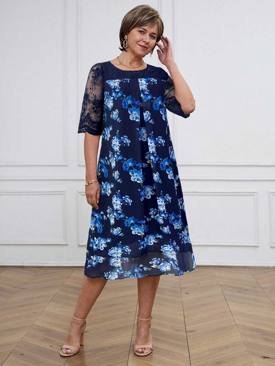 Miaspire Women Floral Print Lace Patchwork Elegant Long Dress