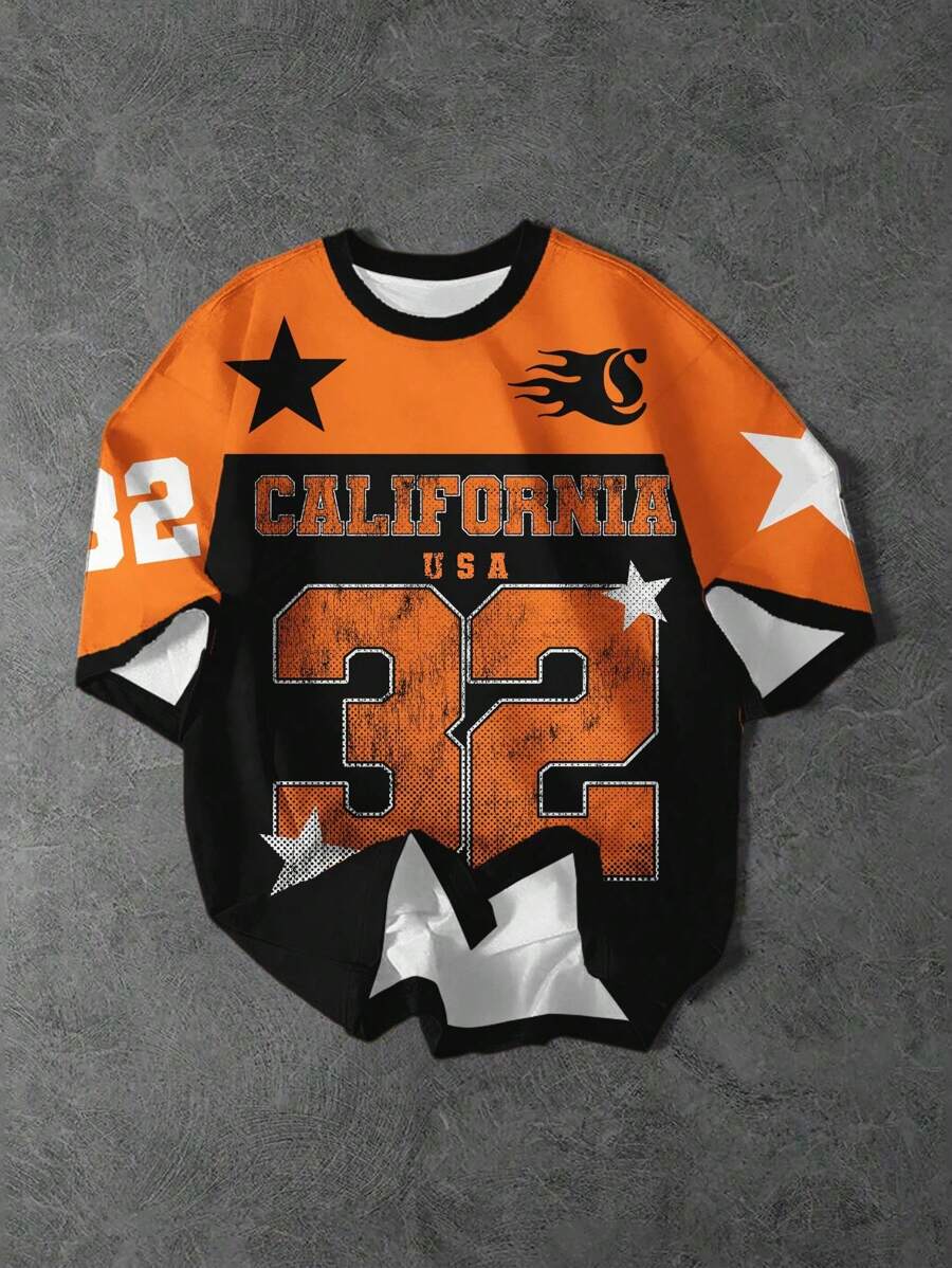 Camiseta gráfica de estilo minimalista casual y elegante para adolescentes varones, con nombre de ciudad de California, número 32, y patrones de estrella y llama, adecuada para el verano