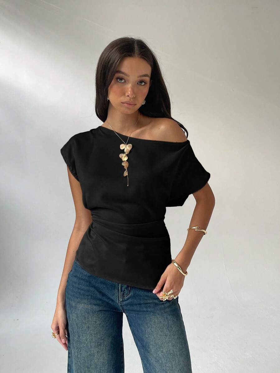Aloruh Blusa feminina de cor sólida com ombros oblíquos, moderna para o verão
