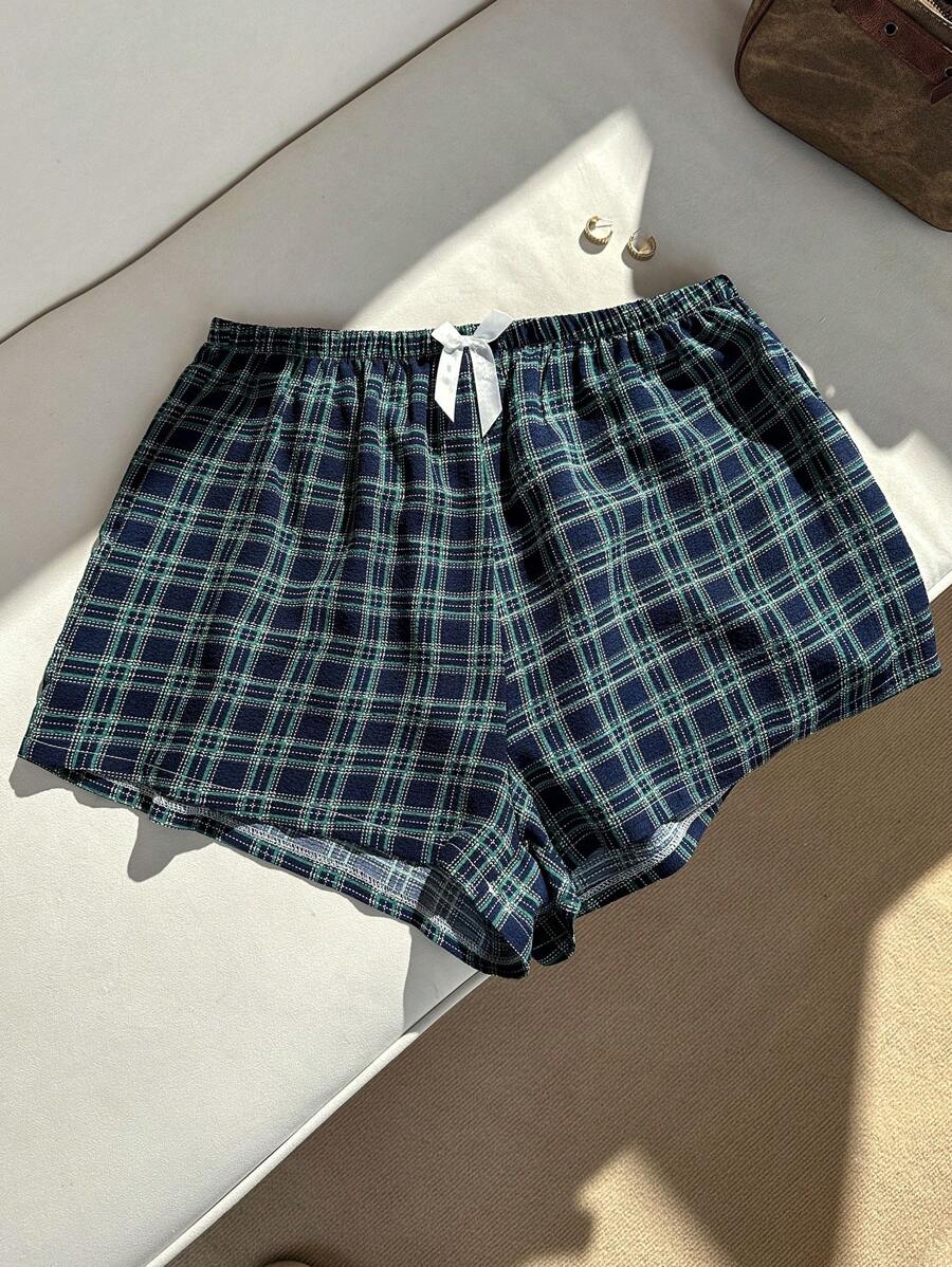 SHEIN Plus Size Blue Plaid Printed Bow Decor Sleepwear Shorts
