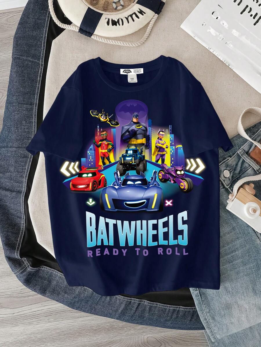 Batwheels X SHEIN Tween Boy Deep Blue Round Neck Short Sleeve Casual Cartoon Car Pattern T-Shirt