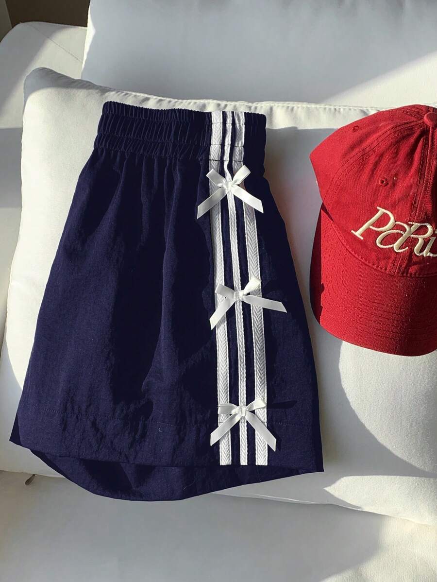 Comfortcana Navy Blue Casual Women's Shorts With Side White Stripe And Bow Detail, Summer,Flowy Shorts