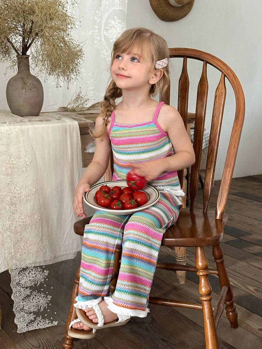 SHEIN Conjunto informal de top de tirantes de colores y pantalones largos a juego para niña, estilo animado y lindo, adecuado para juegos al aire libre, uso cómodo en casa, ejercicio relajado
