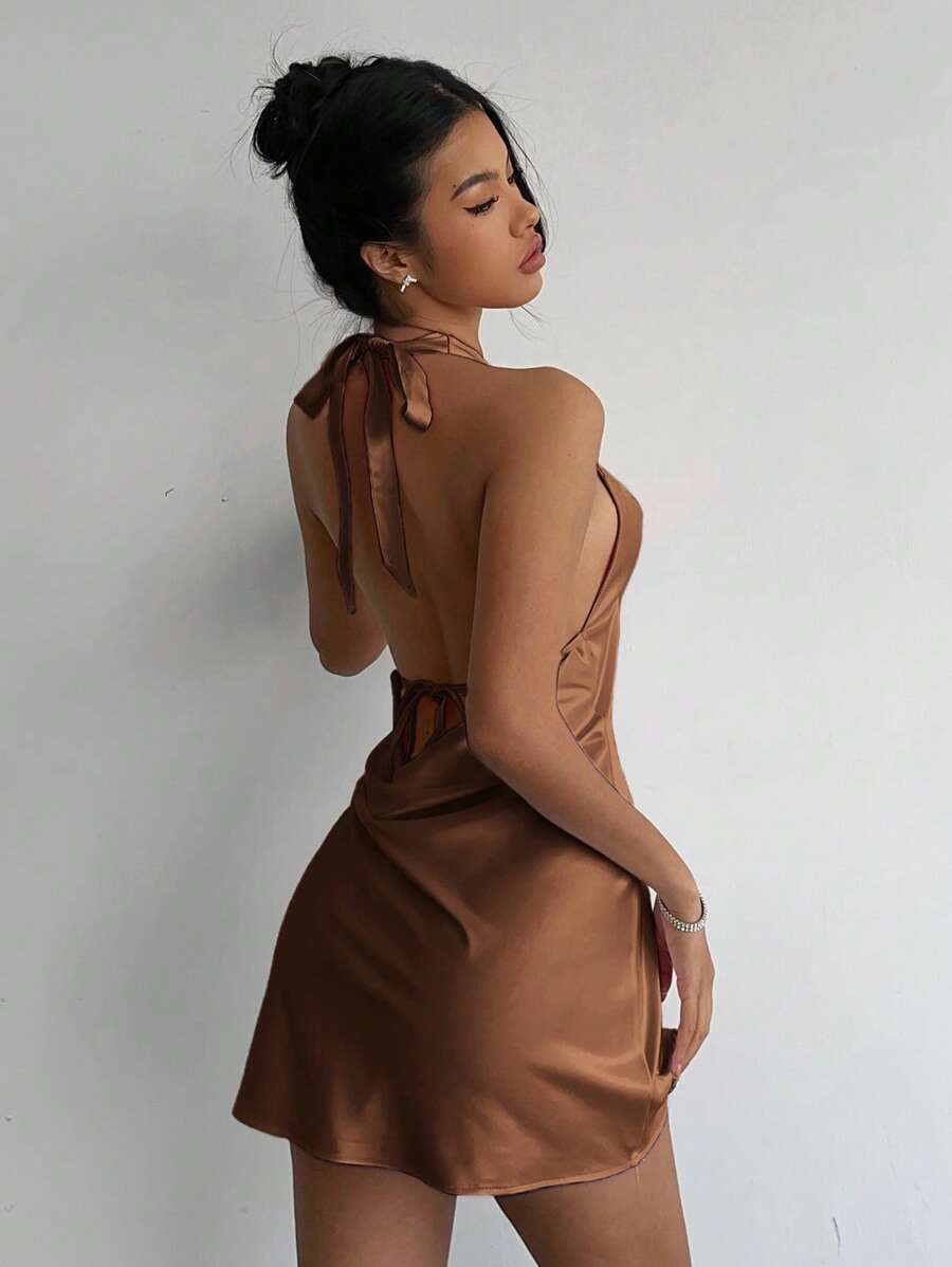 Aloruh Women's Neck Tie Elegant Mini Dress