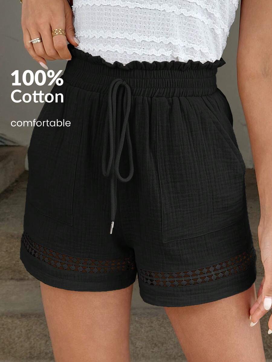 Easowa Cotton Lace Patchwork Elastic Waist Khaki Short Pants For Women, Spring/Summer