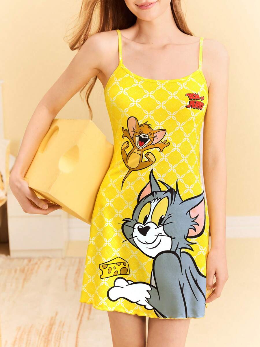 TOM & JERRY X SHEIN Vestido estilo top de tirantes con estampado de dibujos animados de verano para mujer