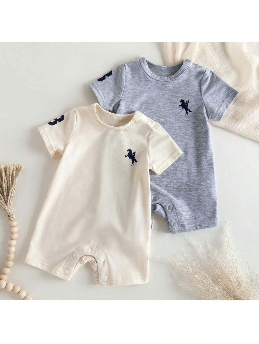 Loomiva Newborn Baby Boy/Girl 2 Pieces Set: Soft Knit Horse Print Short Sleeve Romper