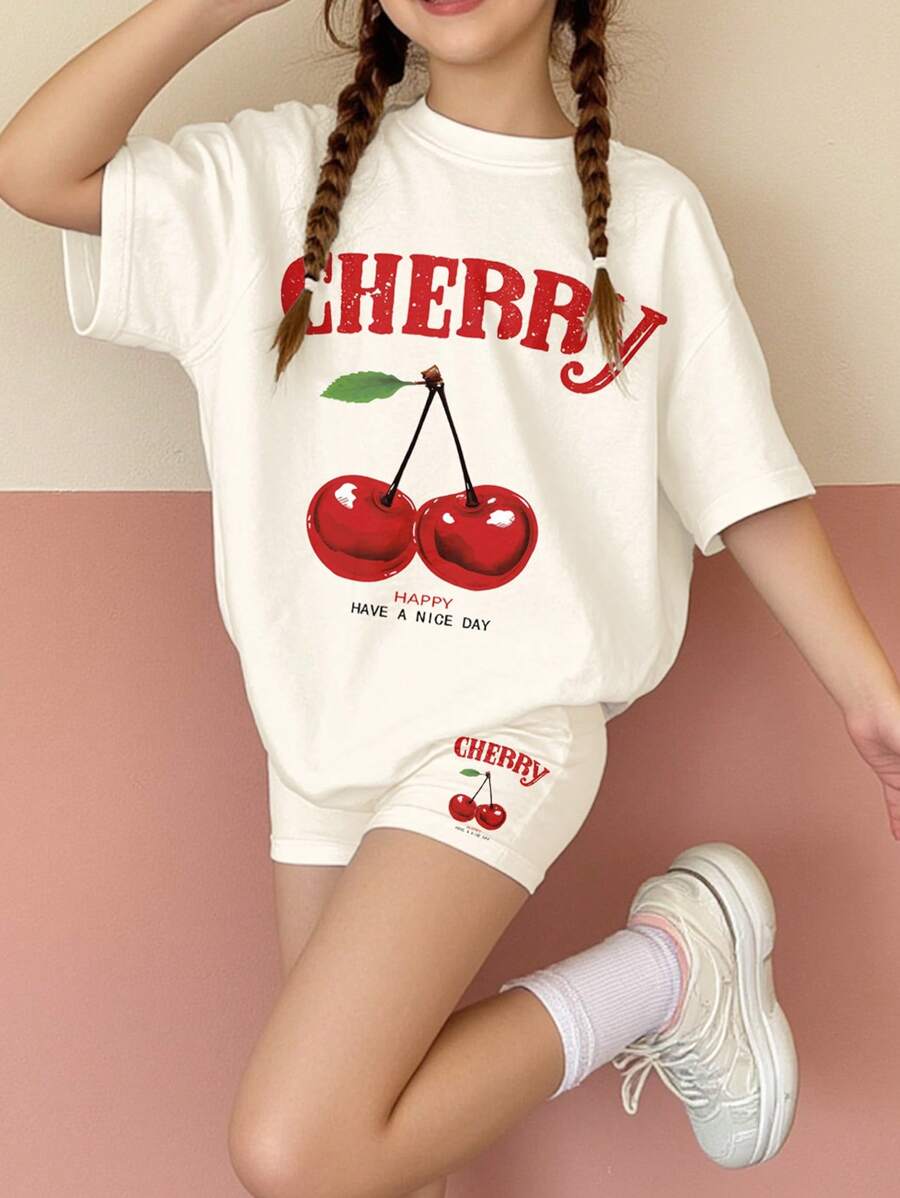 SHEIN Kirschprint Vintage Lässig Minimalistisches Kurzarm Loose T-Shirt und Leggings 2 Stücke Set für Teenager Mädchen, Sommer
