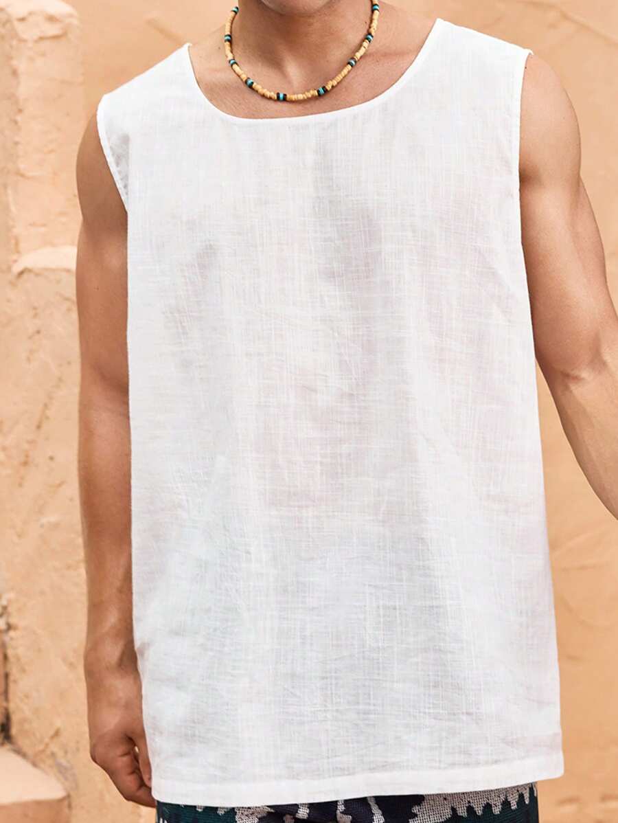Manfinity VCAY Lightweight Loose Casual Comfort Pure White Sleeveless Tank Top For Men, Summer
