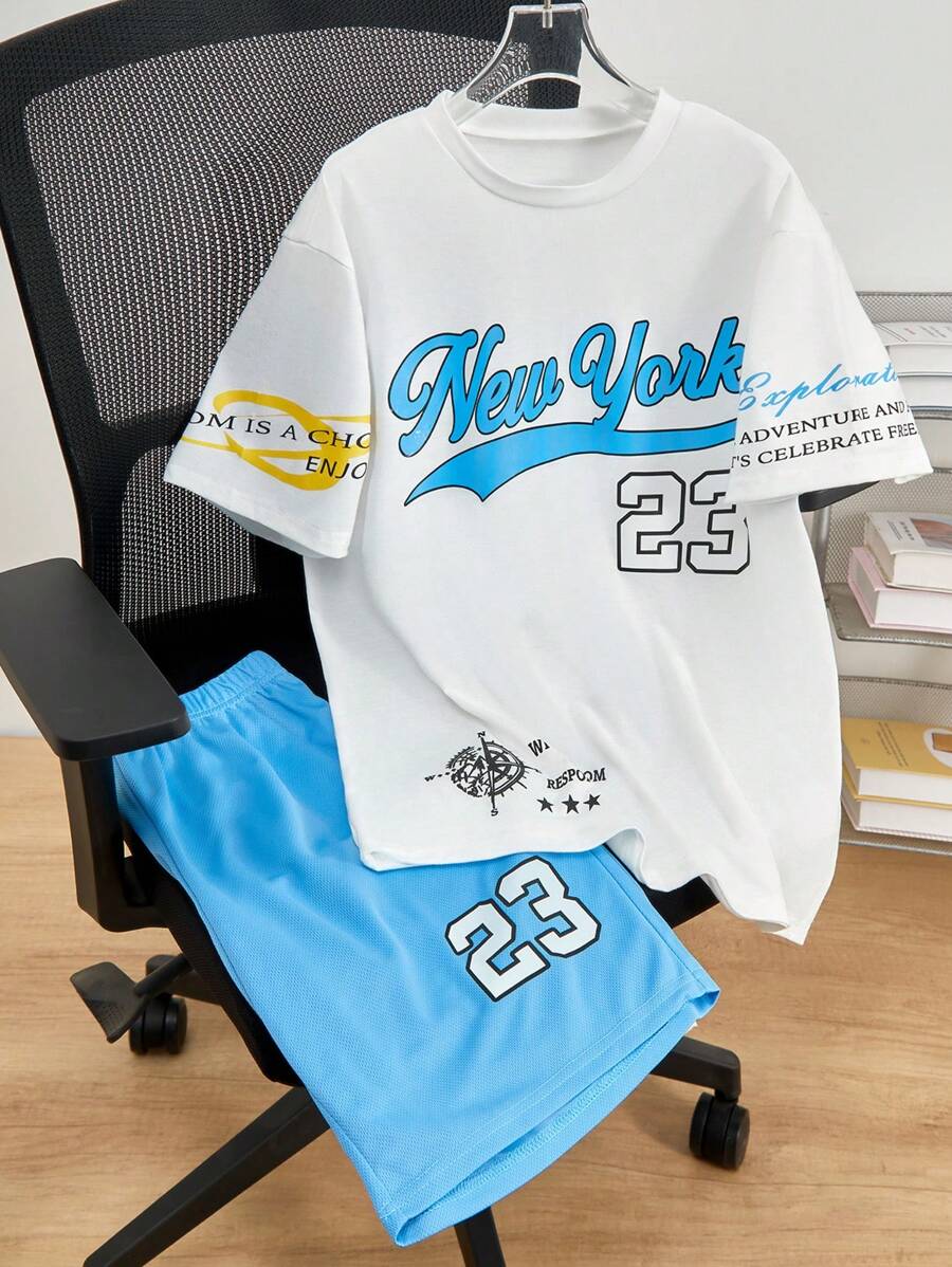2 pezzi Set di maglietta a blocchi di colore e pantaloncini in rete per ragazzo/ragazzo adolescente, outfit sportivo casual estivo