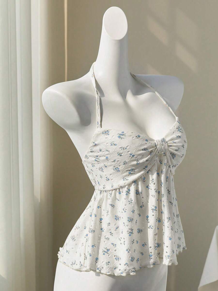 Elamini Yellow Delicate Ditsy Floral Hollow V-Neck Sexy Backless Sleeveless Crop Top, Spring/Summer