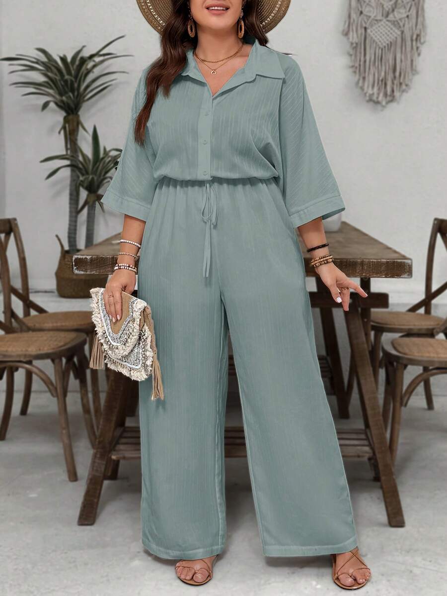 SHEIN VCAY Plus Size Island Vacation White Textured Fabric Collared Short Sleeve Cinched Waist Wide Leg Jumpsuit, Casual Versatile Loose Fit