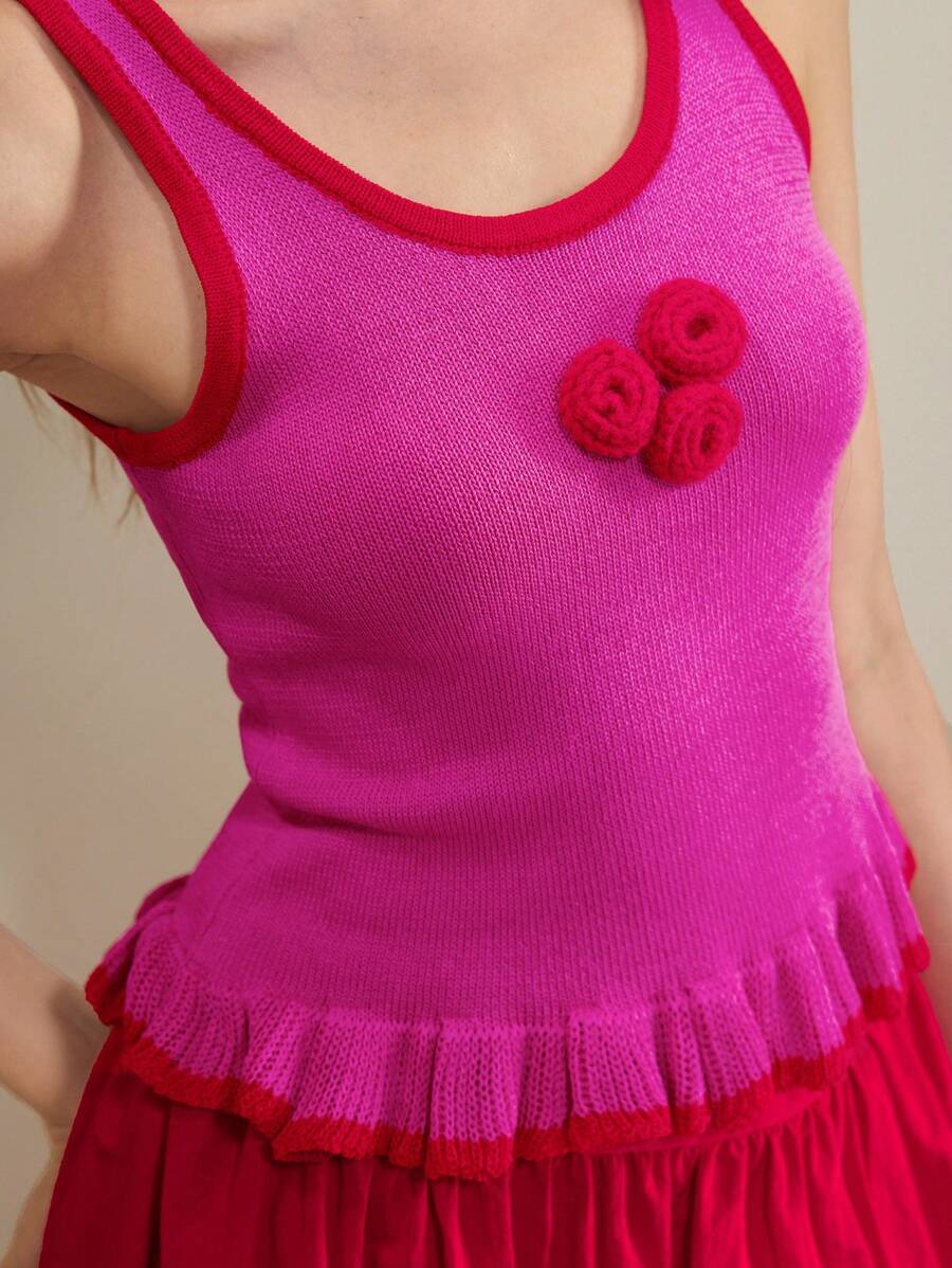 Muvela Maglietta estiva da donna con orlo a fiori 3D lavorato a maglia, camicetta corta carina per abbigliamento casual da donna