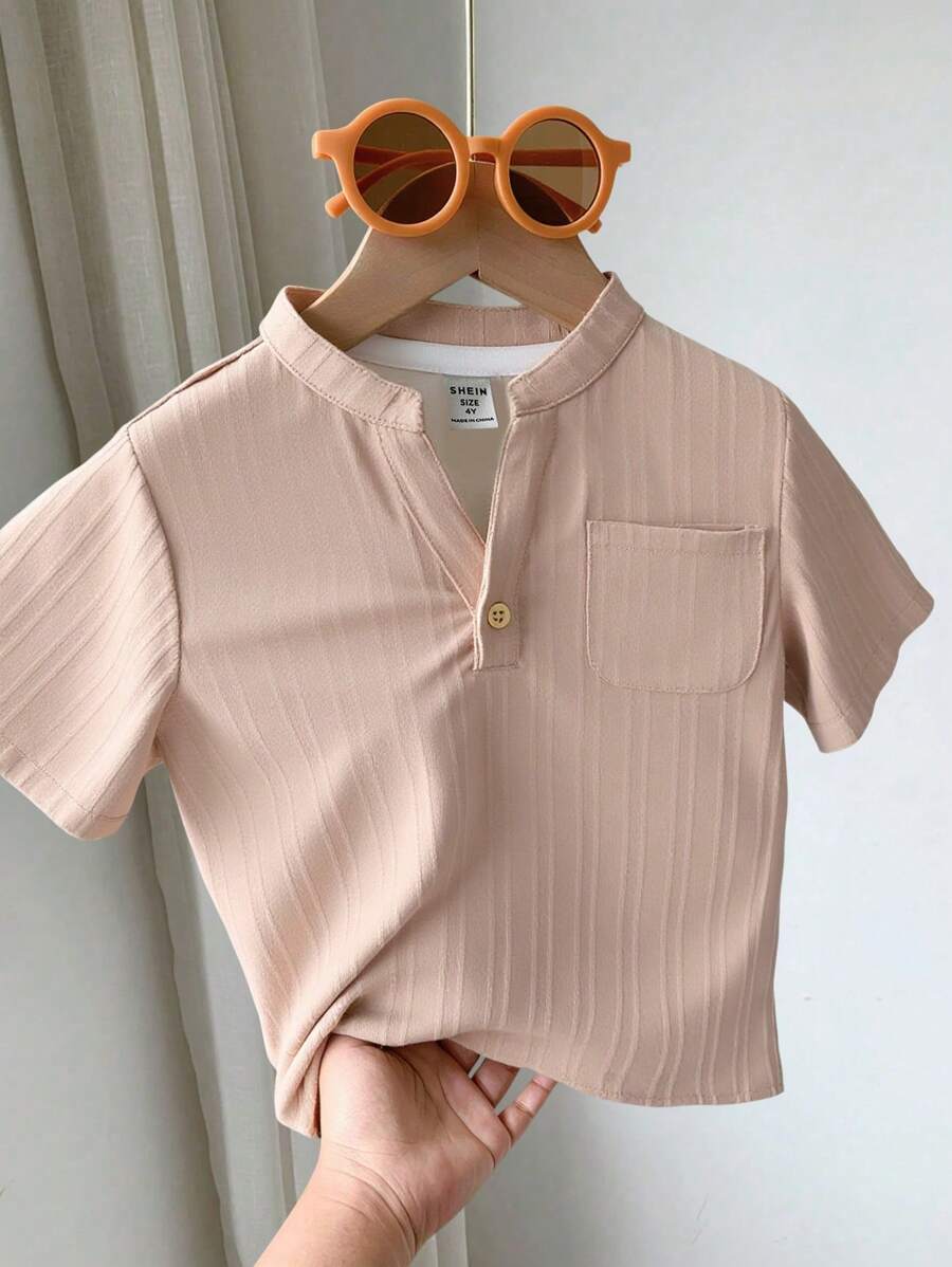 SHEIN 1 buc. Cămașă lejer tricotată cu mâneci scurte, în stil coreean, cu jumătate de plăcuță și guler vertical, pentru școala de vară zilnic
