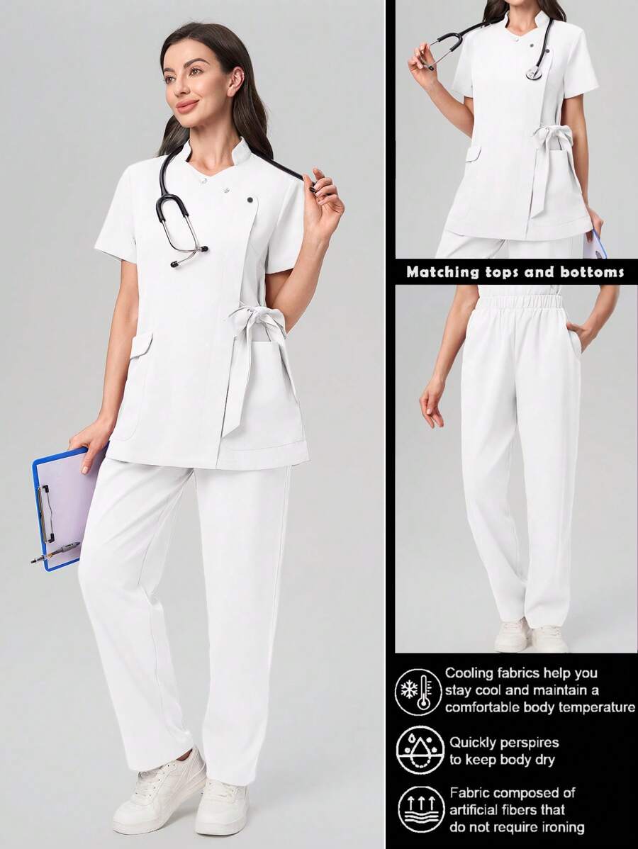 Scrubzie Wrinkle Resistant Short Sleeve Lace-Up Long Shirt And Pants Scrub Uniform Set