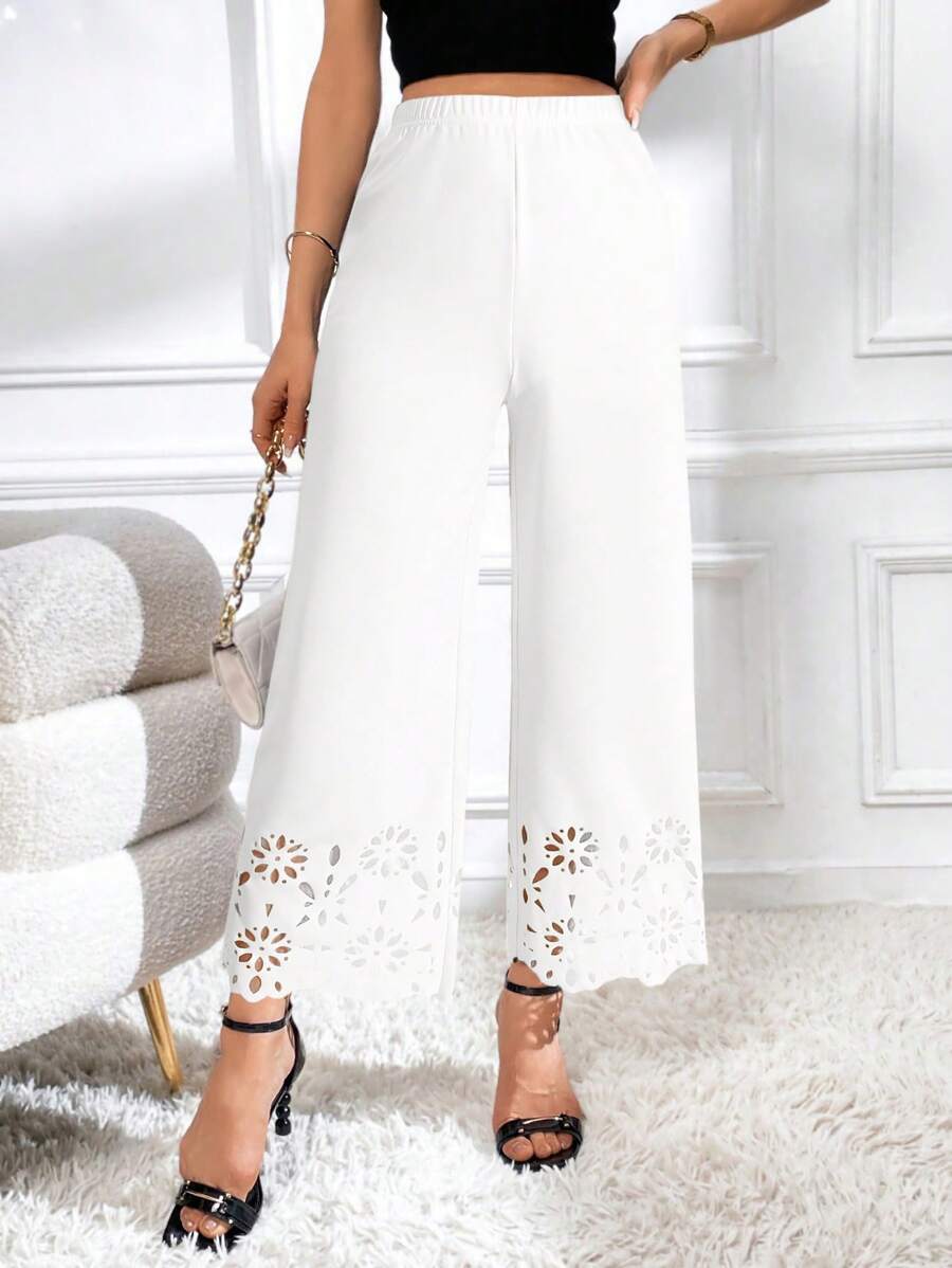 Firerie Pantalones de pierna ancha con cintura elástica y corte láser de unicolor para mujeres