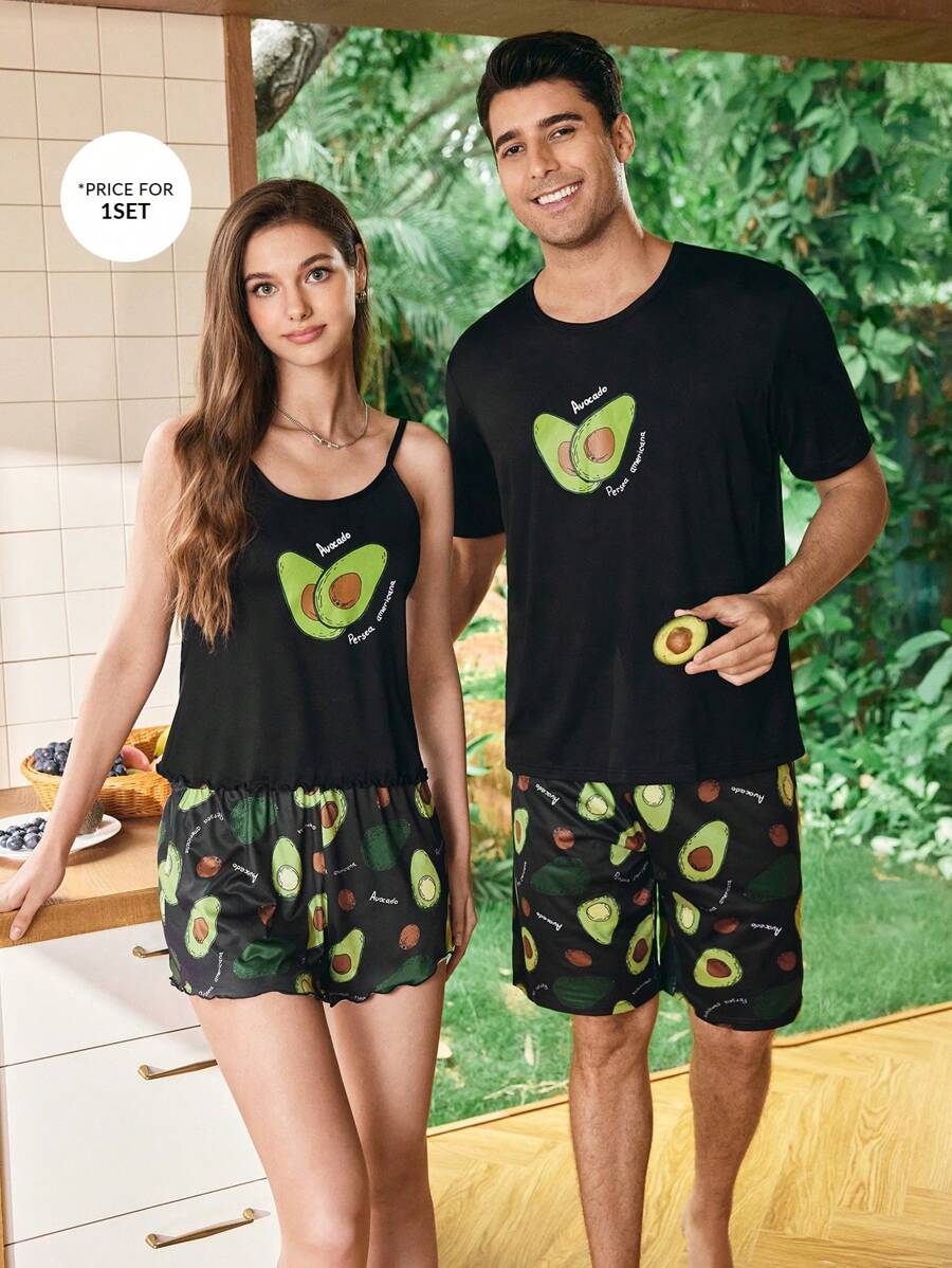 CoupledUp Conjunto de pijama informal de hombre de manga corta y pantalón corto con estampado de aguacate