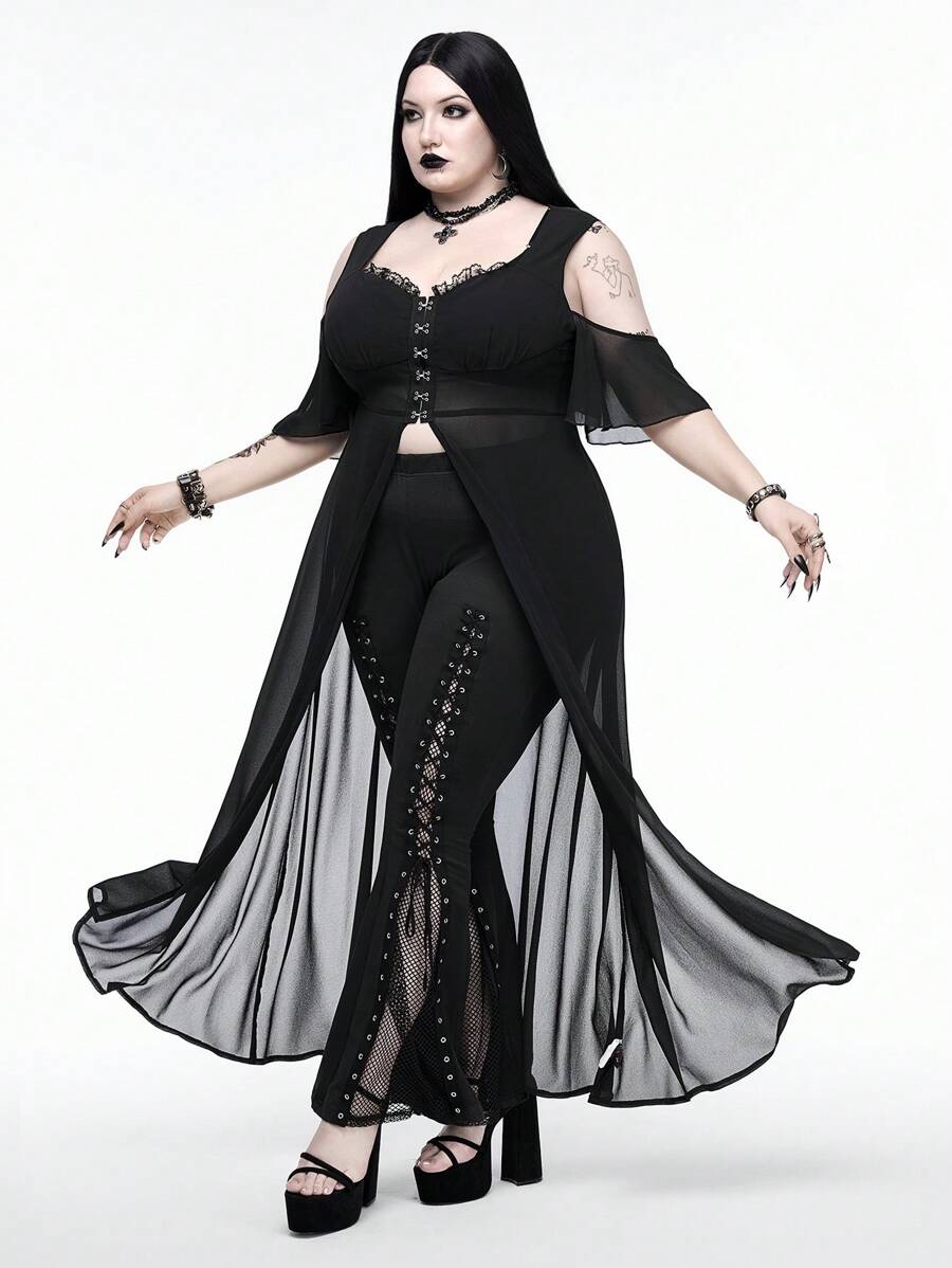 ROMWE Goth Cárdigan de playa de gasa con parches de encaje transparente, estilo gótico, tallas grandes, para verano
